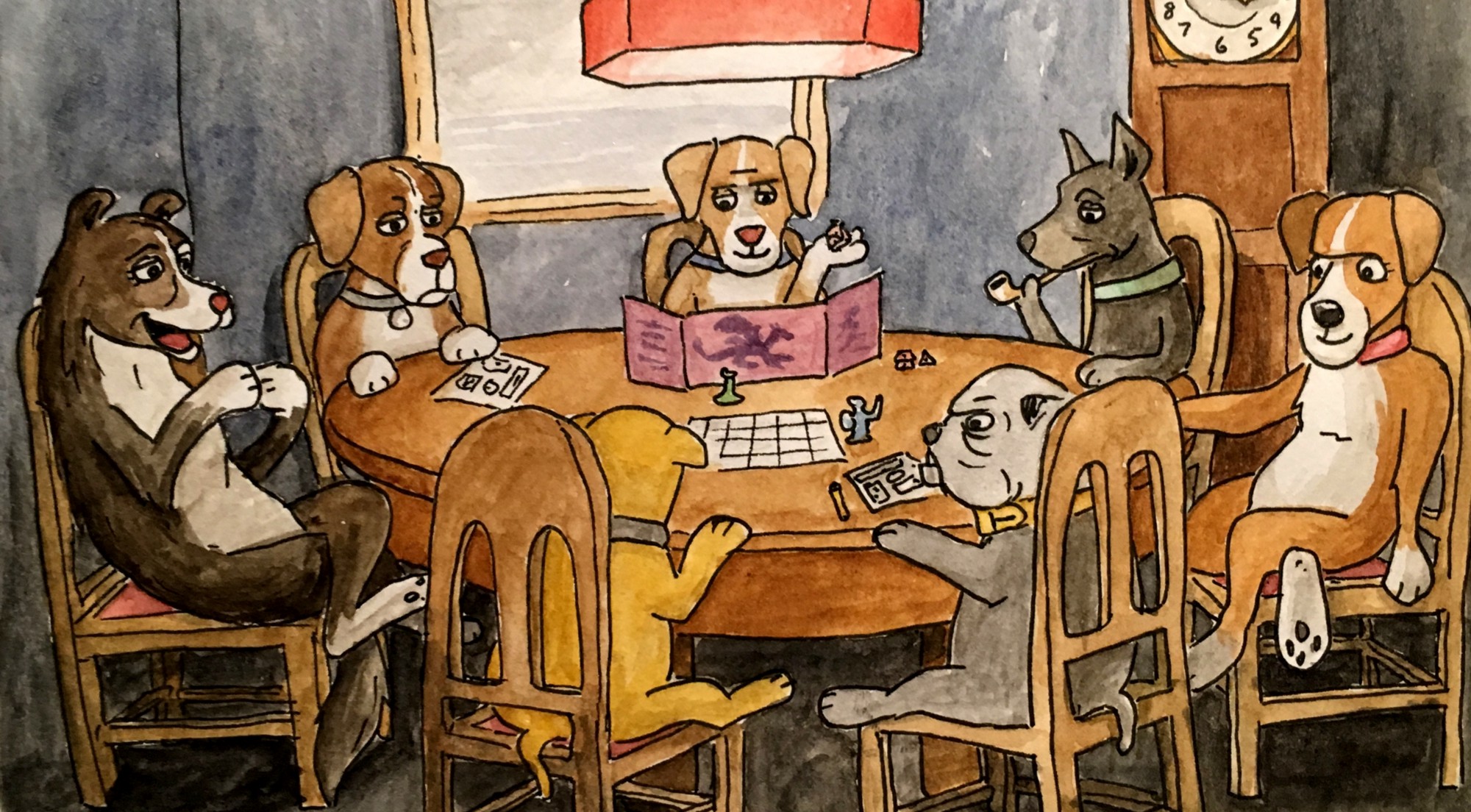 Dogs playing a game of Dungeons & Dragons